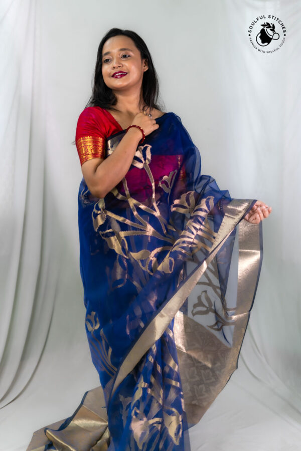 Organza Maslin Saree - Royal Blue - Image 5