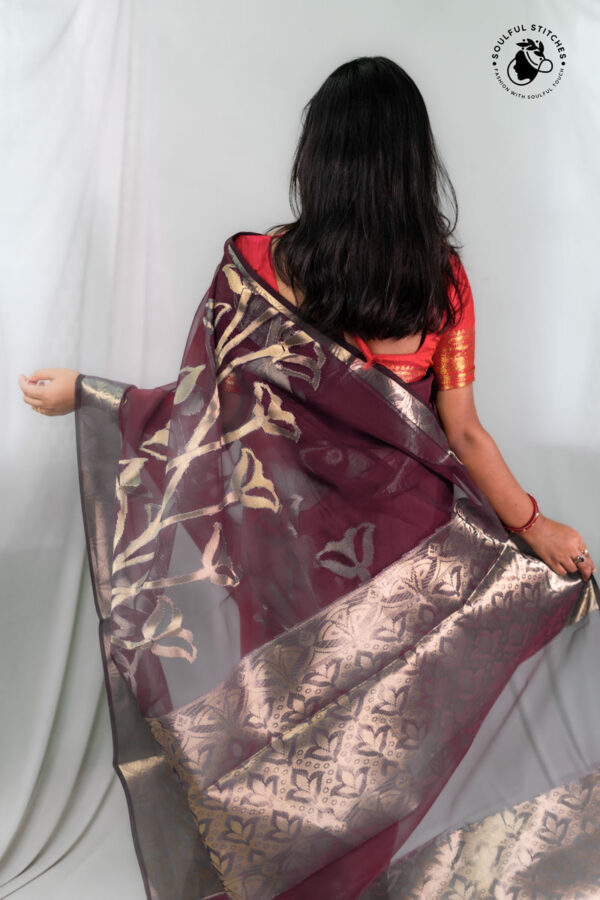 Organza Maslin Saree - Maroon - Image 4