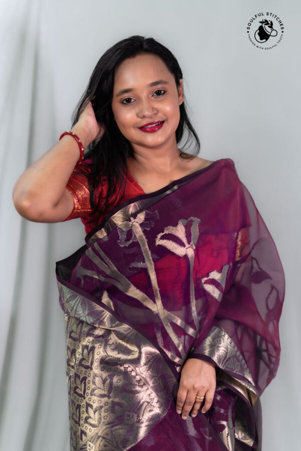 Organza Maslin Saree - Wine - Image 3