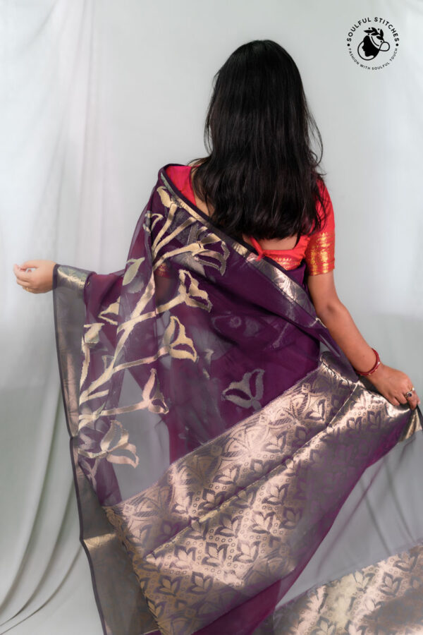 Organza Maslin Saree - Wine - Image 2
