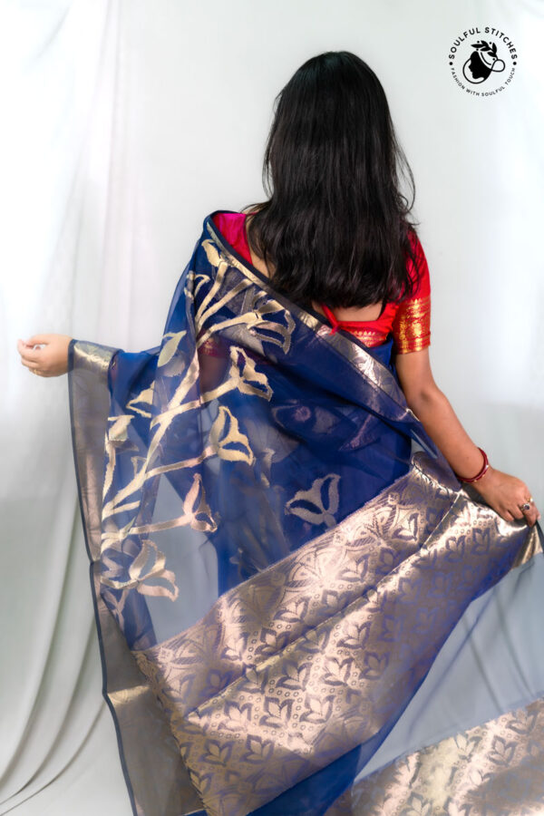Organza Maslin Saree - Royal Blue - Image 2