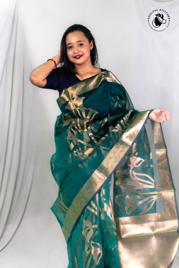 Organza Maslin Saree - Bottle Green - Image 2
