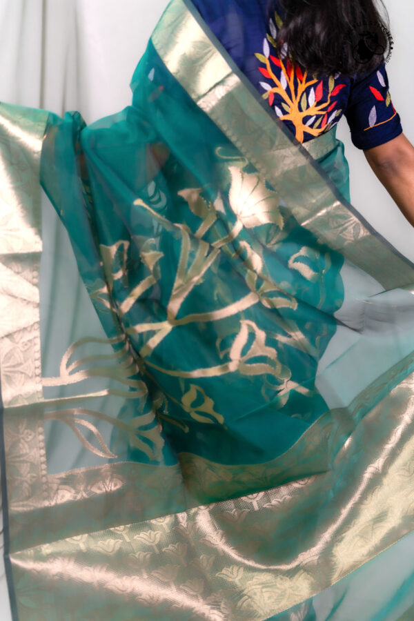Organza Maslin Saree - Bottle Green - Image 3