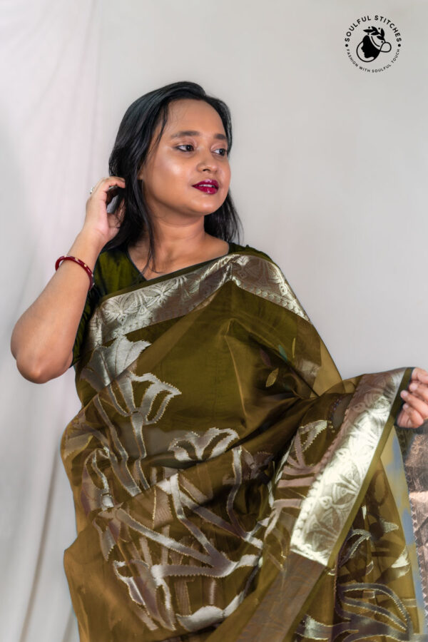 Organza Maslin Saree - Greenish Yellow - Image 2